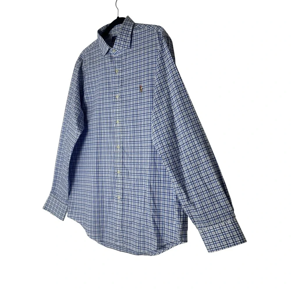 Polo Ralph Lauren Shirt Mens Large L Blue‎ Plaid Long Sleeve Cotton Pony